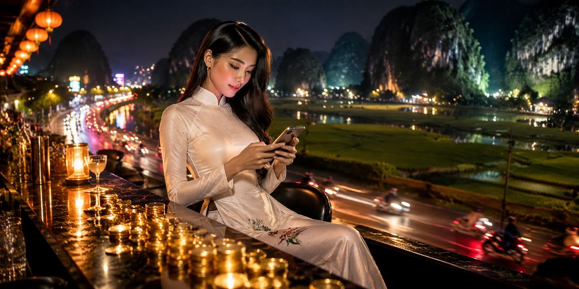 Người phụ nữ mặc áo dài tại Ninh Bình dùng điện thoại xem xổ số trực tuyến